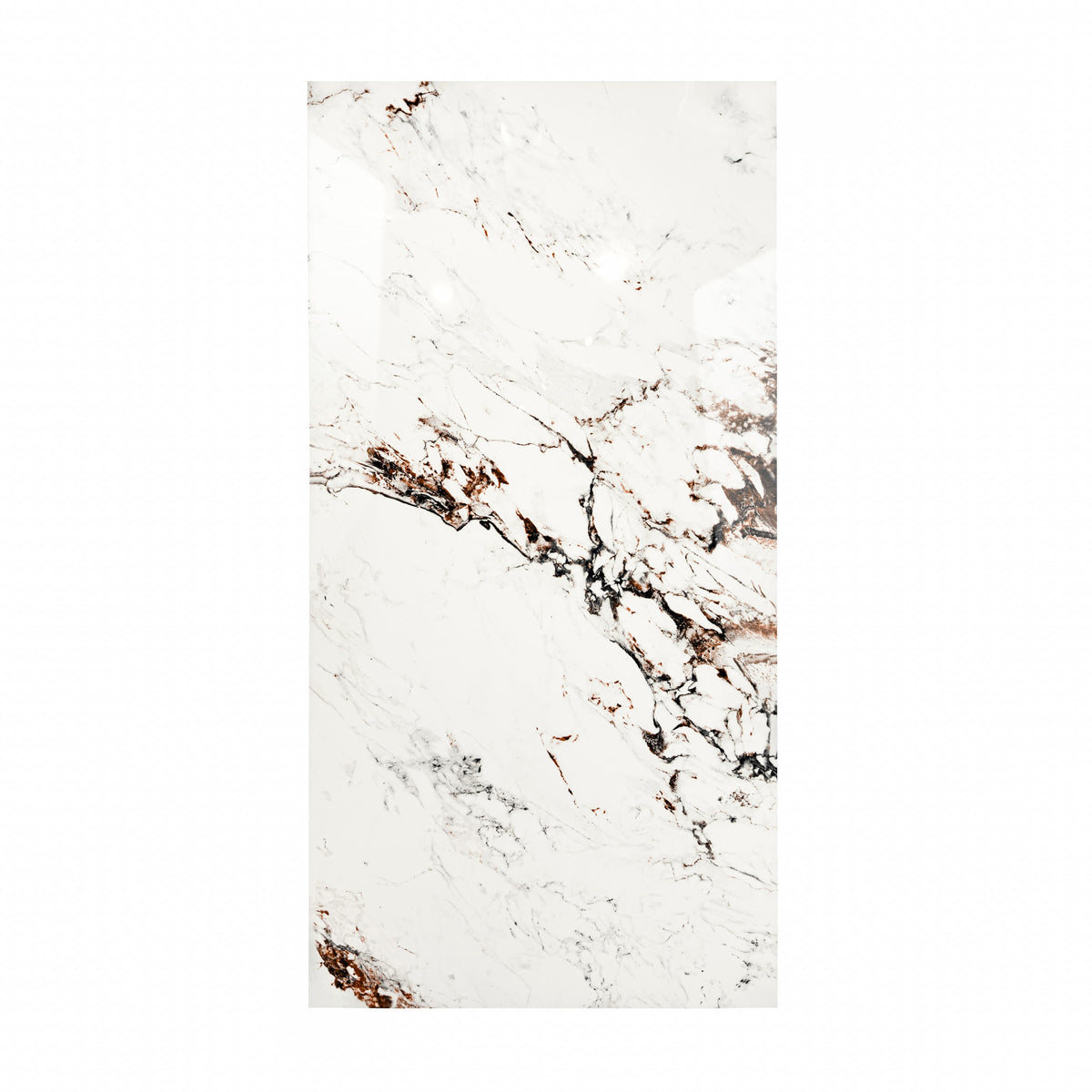 Statuario Rena 120x240cm glossy tile with grey veining on a white base. Durable and elegant, perfect for walls, floors, and modern luxury interiors.