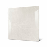 Pietra Bianco large format porcelain tile angled view highlighting polished limestone marble finish, subtle veining, and rectified edges