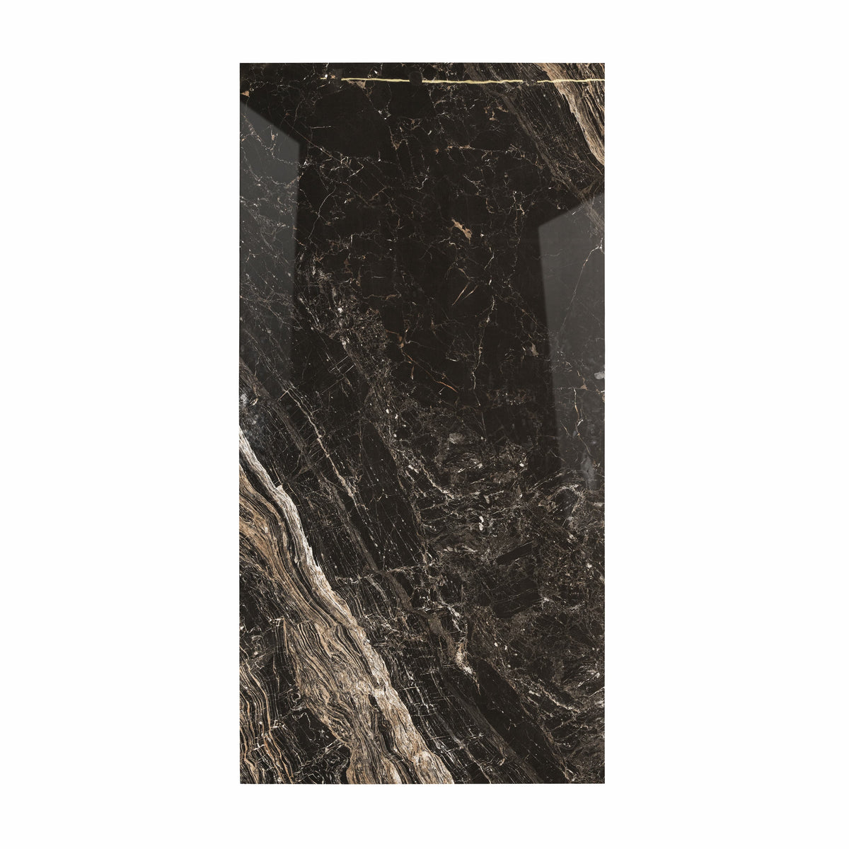 Elite Black BM porcelain slab displayed on easel against luxury backdrop showing dramatic black marble with white and amber veining for UAE interior design