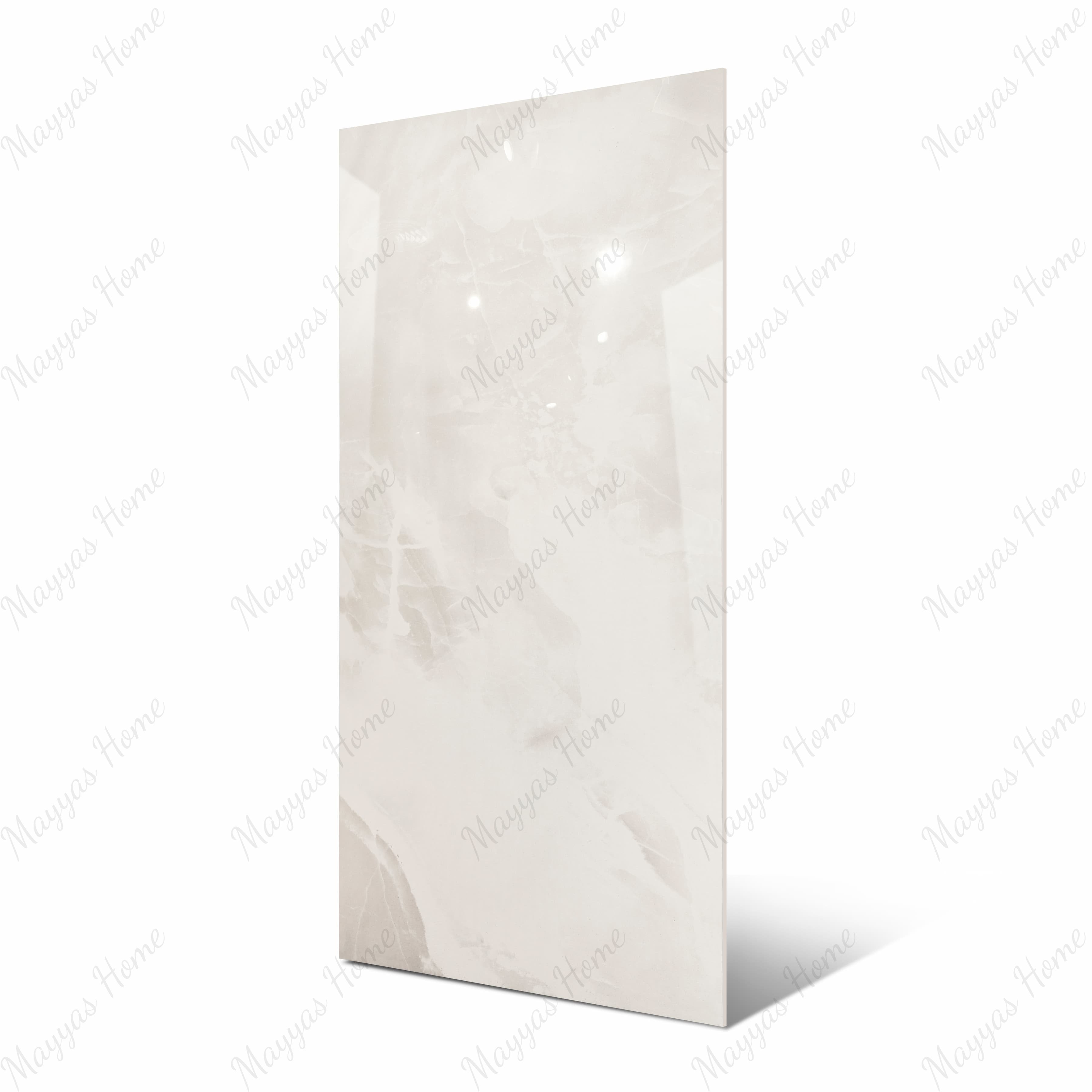 White Onyx 120x240cm glossy porcelain tile with onyx marble effect. Durable 9mm design, ideal for walls, floors, and elegant interiors.