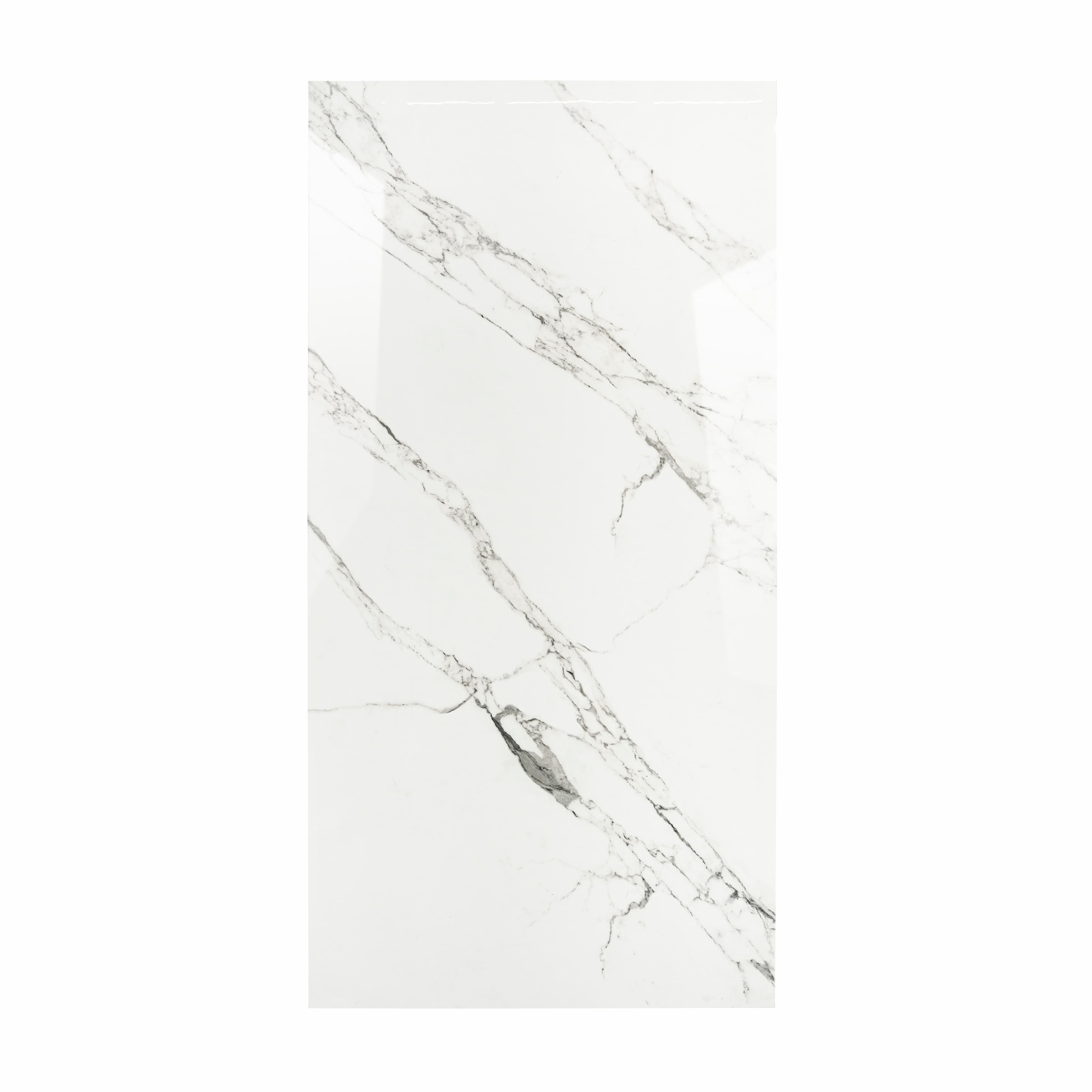 Garfagnana BM porcelain slab displayed on easel against luxury backdrop showing pure white marble surface with delicate grey diagonal veining for UAE interior design
