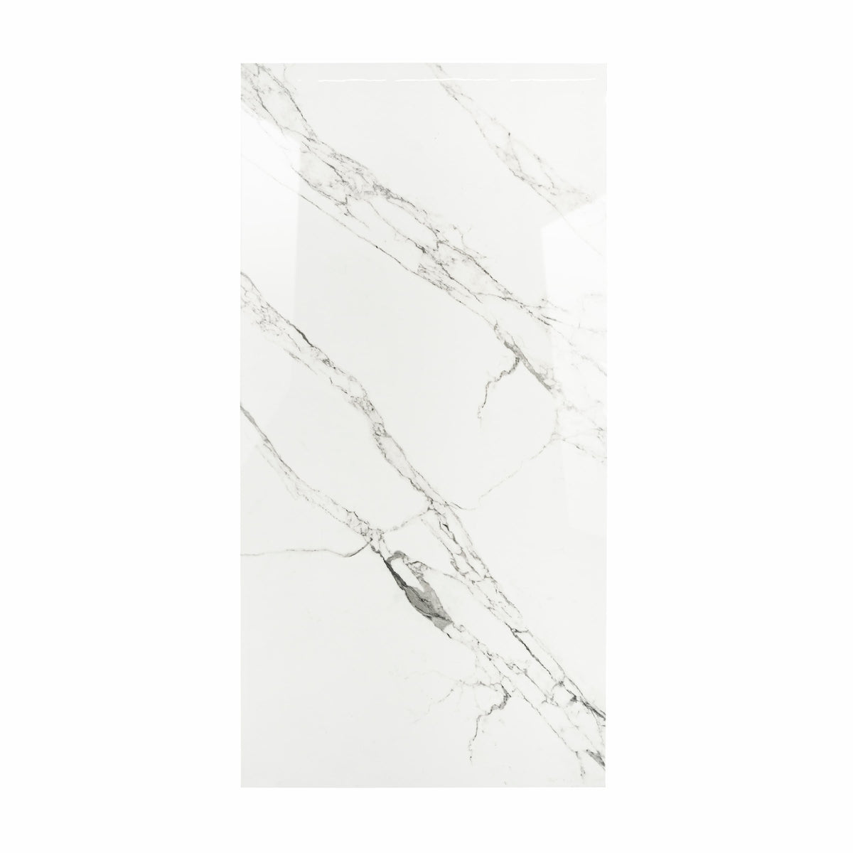 Garfagnana BM porcelain slab displayed on easel against luxury backdrop showing pure white marble surface with delicate grey diagonal veining for UAE interior design
