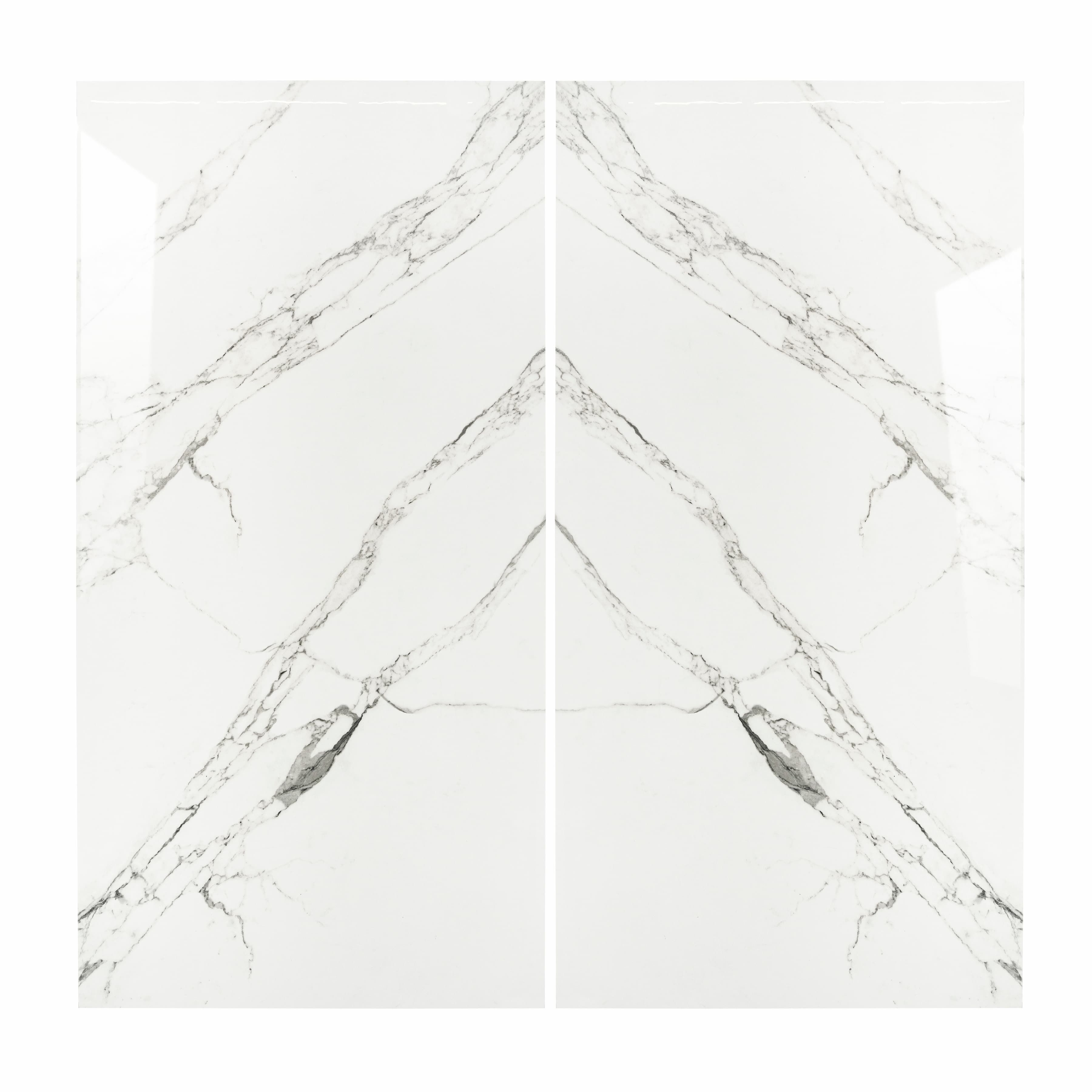 Garfagnana BM large format porcelain slab angled view highlighting polished white marble finish, delicate spider-web veining, and rectified edge