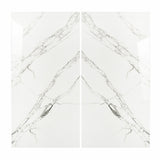 Garfagnana BM large format porcelain slab angled view highlighting polished white marble finish, delicate spider-web veining, and rectified edge