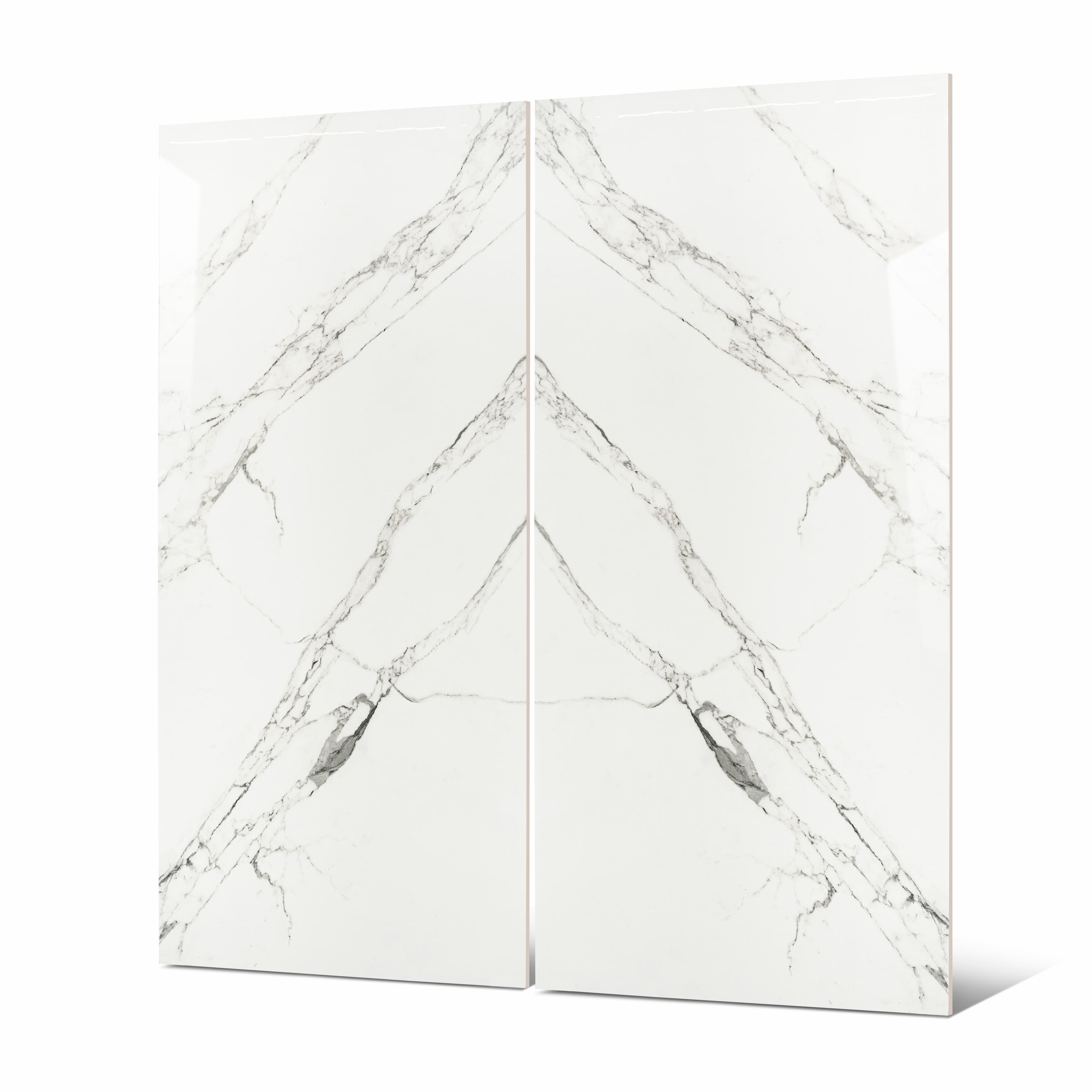 Close-up of Garfagnana BM porcelain slab showing mirror-polished white surface with detailed fine grey vein network and subtle charcoal mineral accents