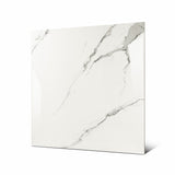 Statuario Hexa large format porcelain tile angled view highlighting polished statuario marble finish, refined veining, and rectified edges