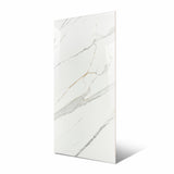 Gronza White BM large format porcelain slab angled view highlighting polished white marble finish, refined linear veining, and rectified edges