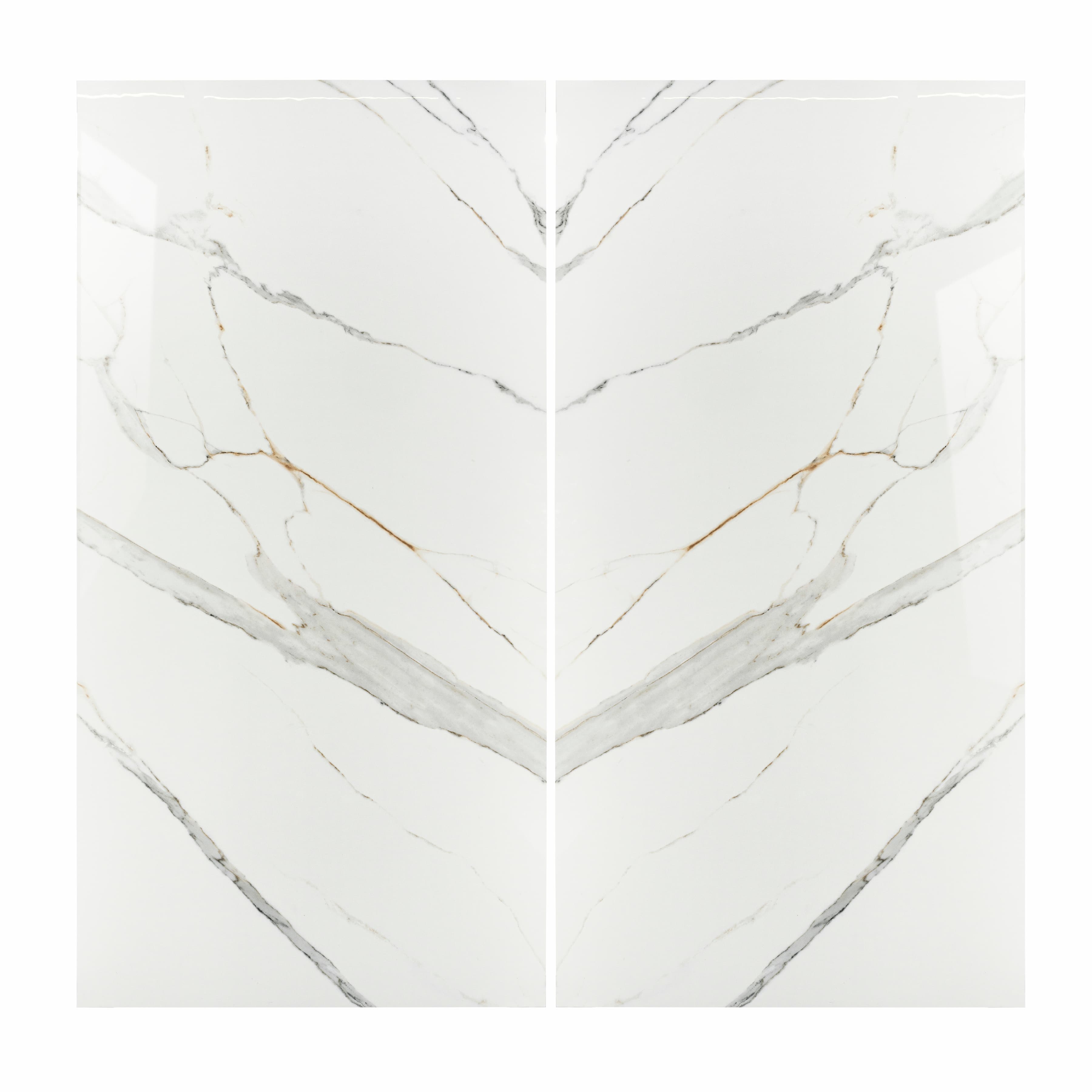 Gronza White BM porcelain slab flat view showing pristine white marble surface with diagonal grey veins and warm caramel mineral accents