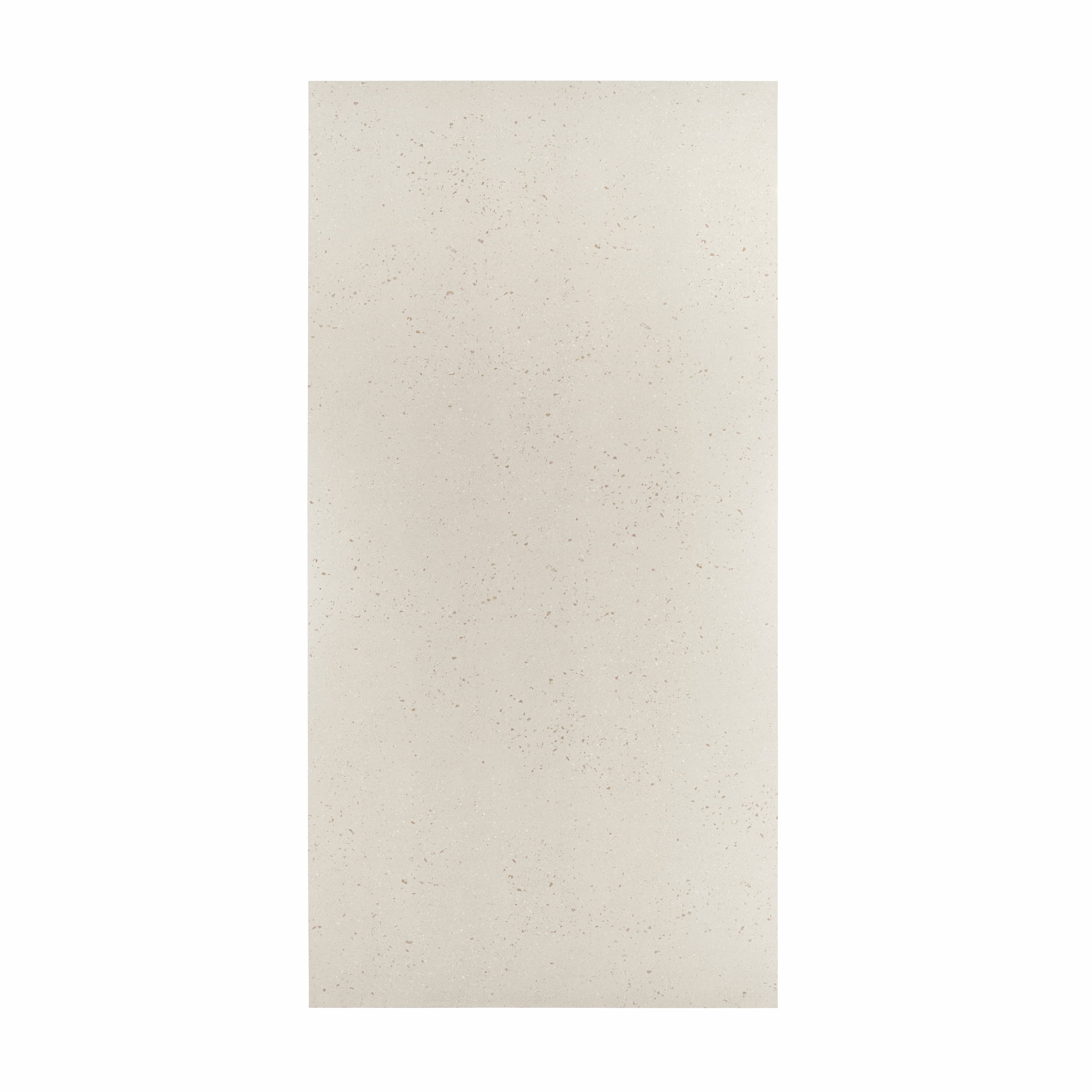Berline Beige large format porcelain slab angled view highlighting matte concrete-look finish, fine terrazzo speckle, and rectified edges