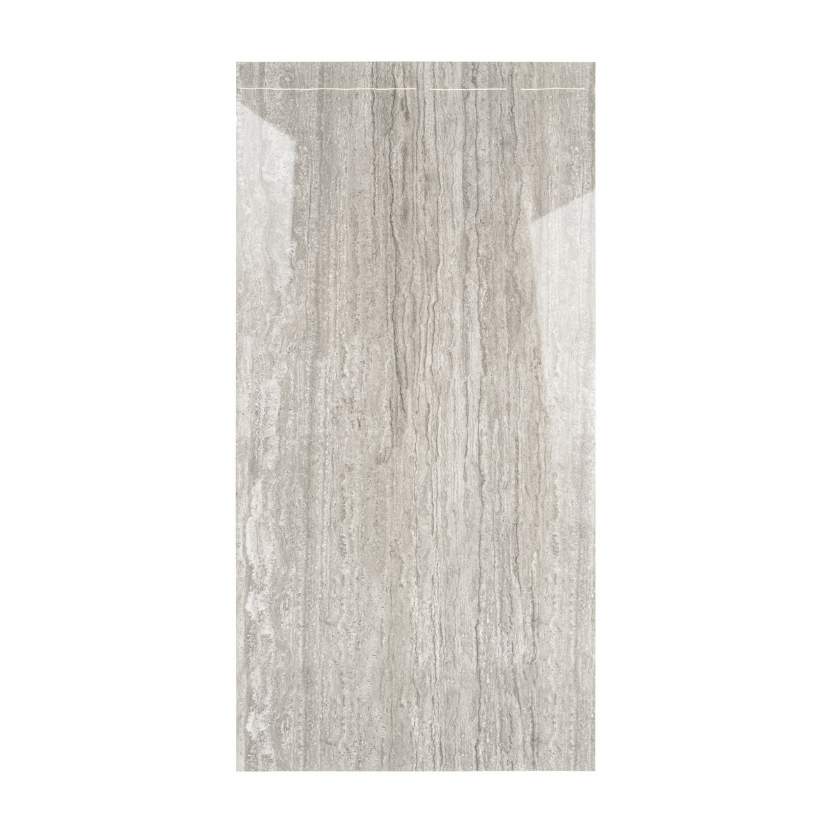New Travertino Grey 120x240cm glossy porcelain tile with natural stone look. Durable 9mm design, perfect for elegant walls and floors.