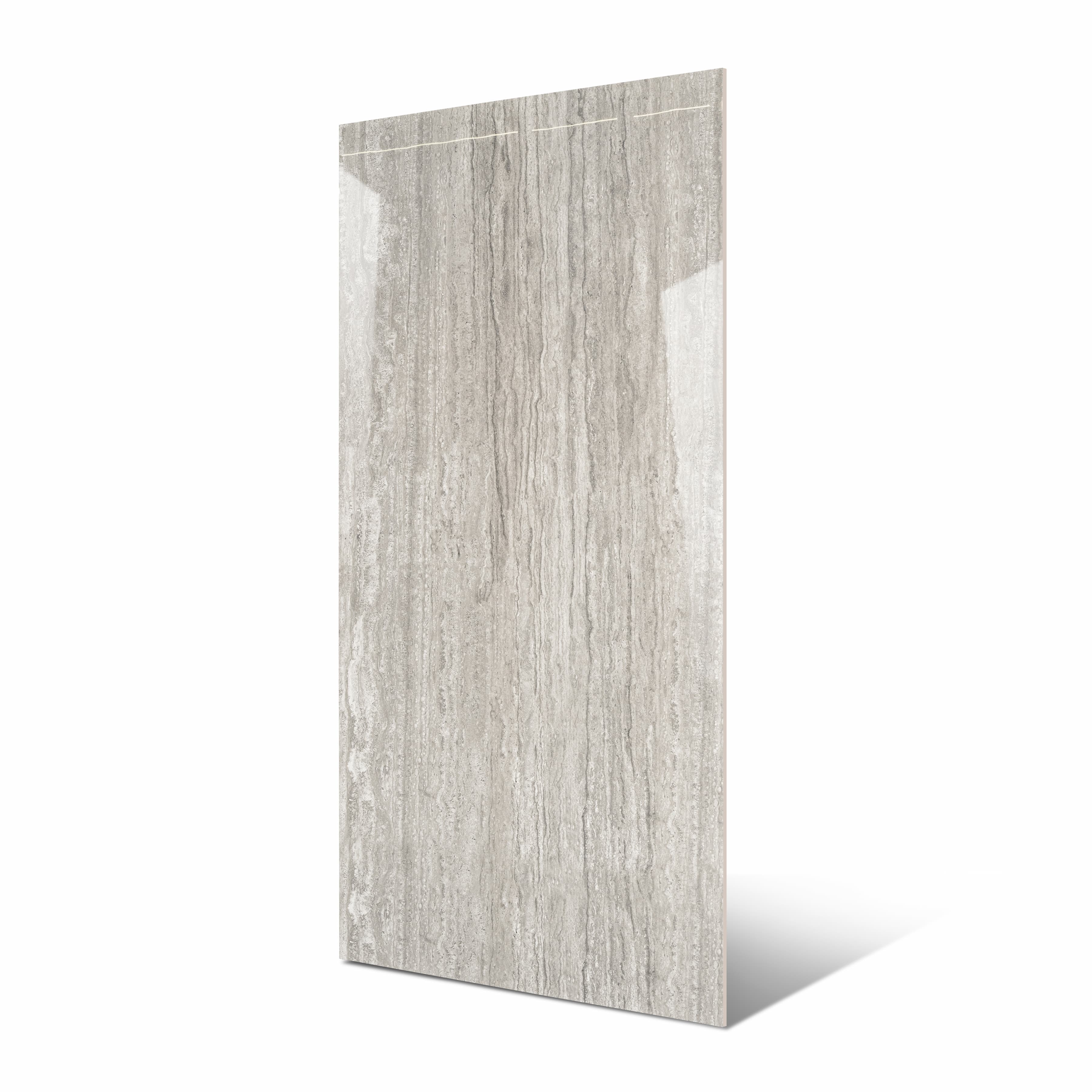 New Travertino Grey 120x240cm glossy porcelain tile with natural stone look. Durable 9mm design, perfect for elegant walls and floors.