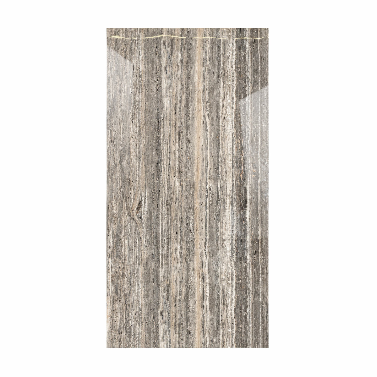 Ebony Travertino 120x240cm glossy porcelain tile with bold dark stone design. Durable 9mm surface for modern floors and walls.