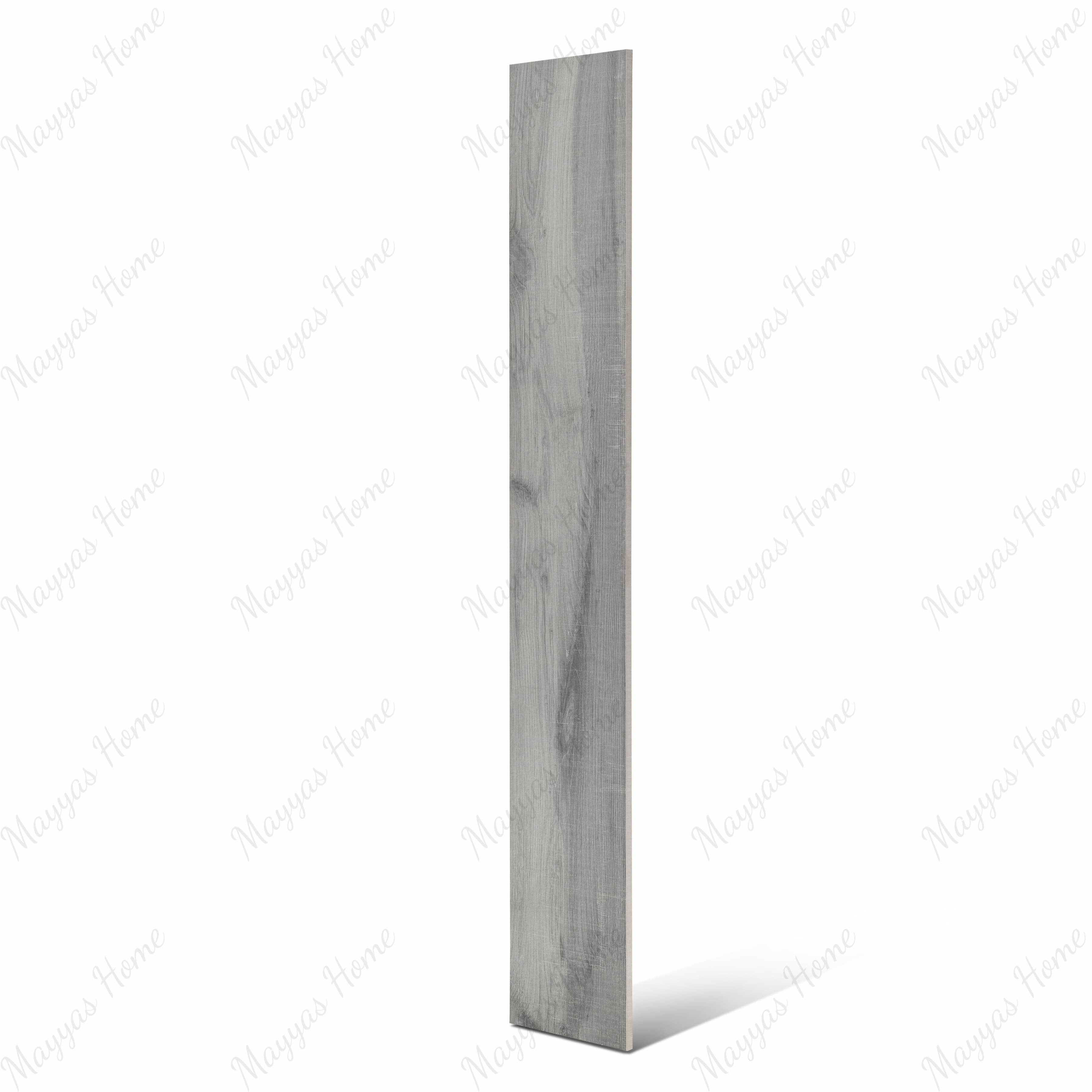 Arizon Grigio porcelain plank flat view showing rustic grey wood grain with natural knots, saw-cut texture, and cool tonal variation