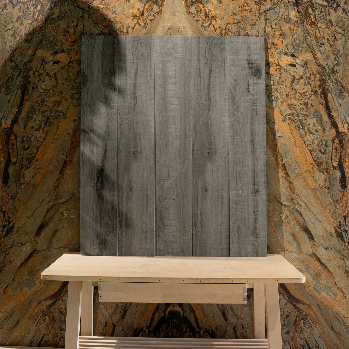 Arizon Grigio wood-look porcelain plank vertical view displaying full-length grey oak grain pattern with authentic knots and weathered surface detail
