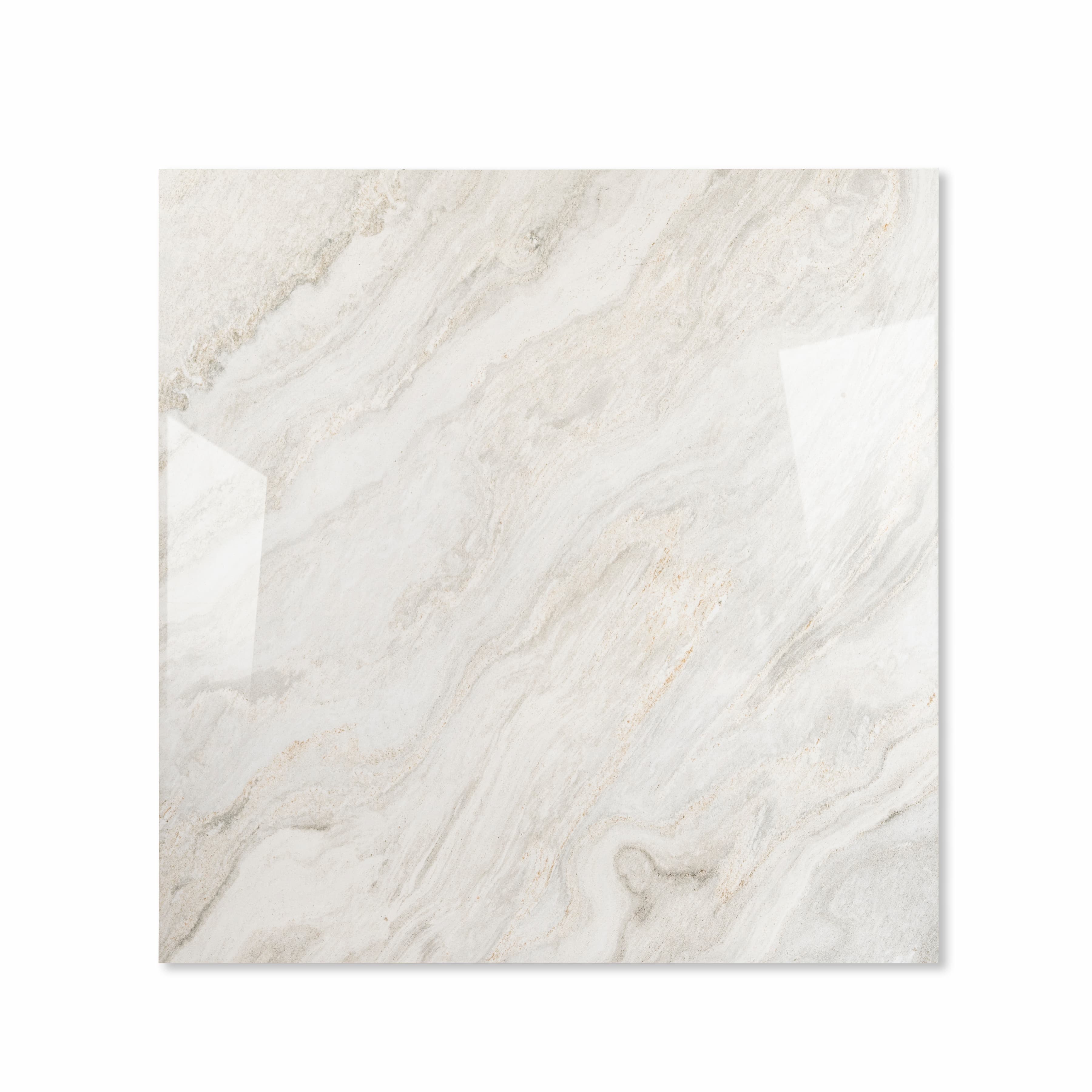 Antaliya White glossy porcelain tile 120x120cm displayed on easel against luxury marble backdrop for UAE interior design