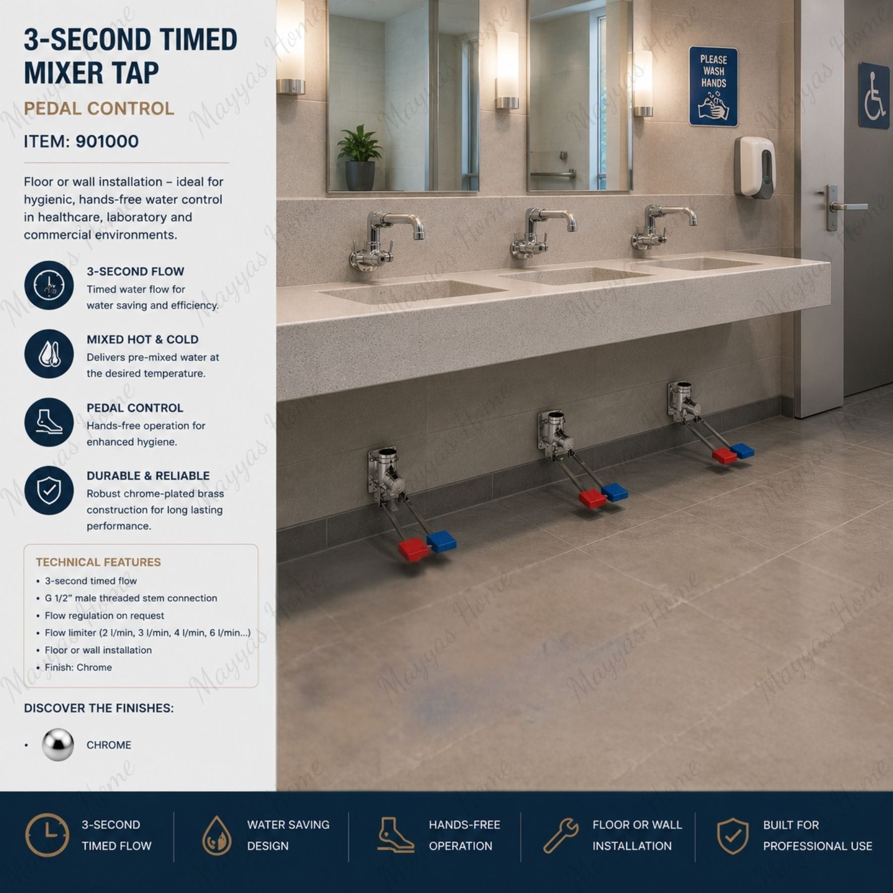 3-second timed mixer tap with hygienic pedal control, floor or wall installation and adjustable flow. Perfect for hospitals, kitchens and laboratories in UAE.