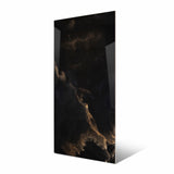Black Onyx large format porcelain slab angled view highlighting polished black onyx finish, dramatic amber veining, and rectified edges