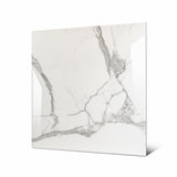 Alps Natural large format porcelain tile angled view highlighting polished statuario marble finish, bold veining, and rectified edges