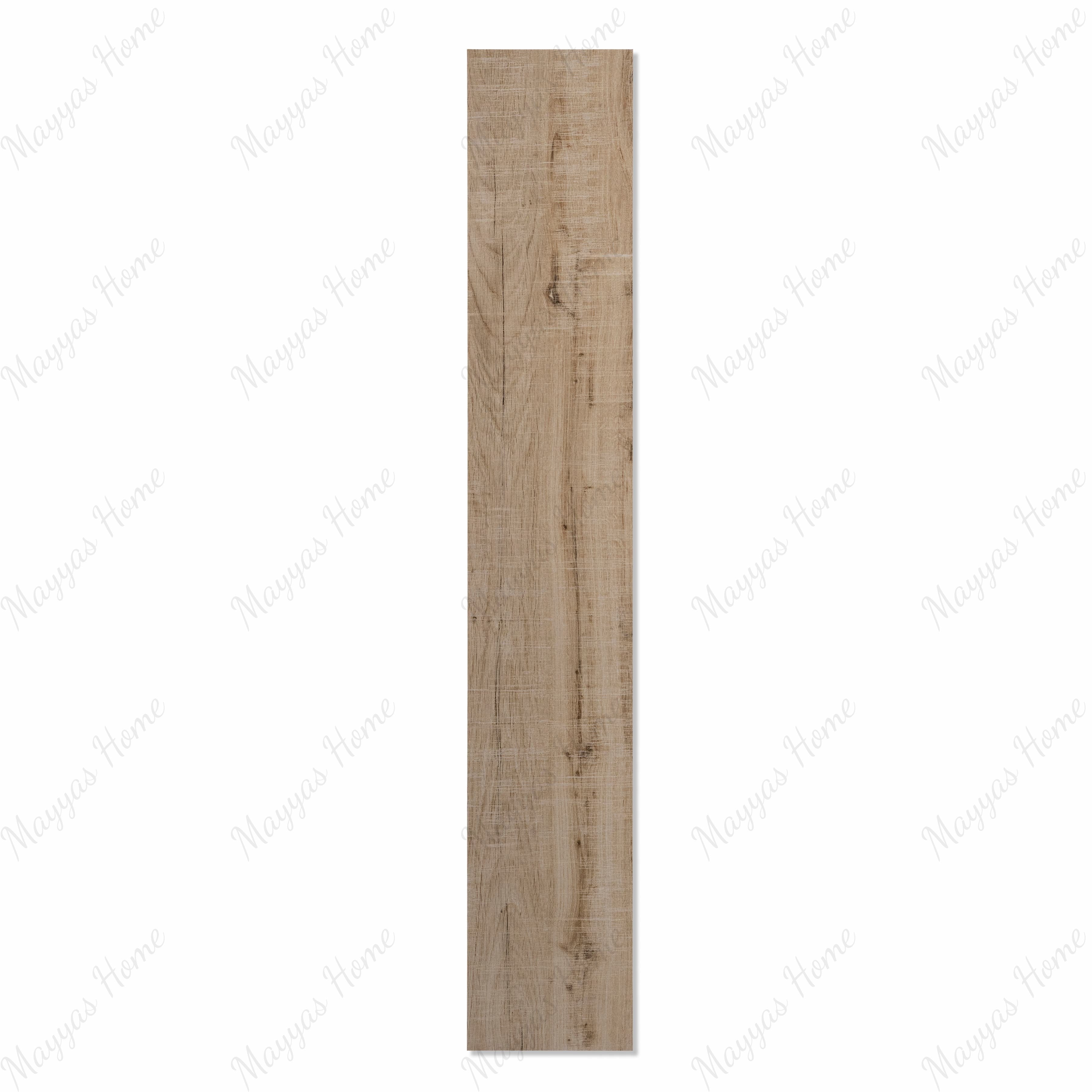Arizon Crema wood-look porcelain plank flat view showing warm natural oak grain, saw-cut texture, and rustic knots for UAE interior design