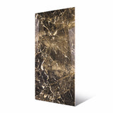Empress Choco large format porcelain slab angled view highlighting polished chocolate marble finish, bold white veining, and rectified edges