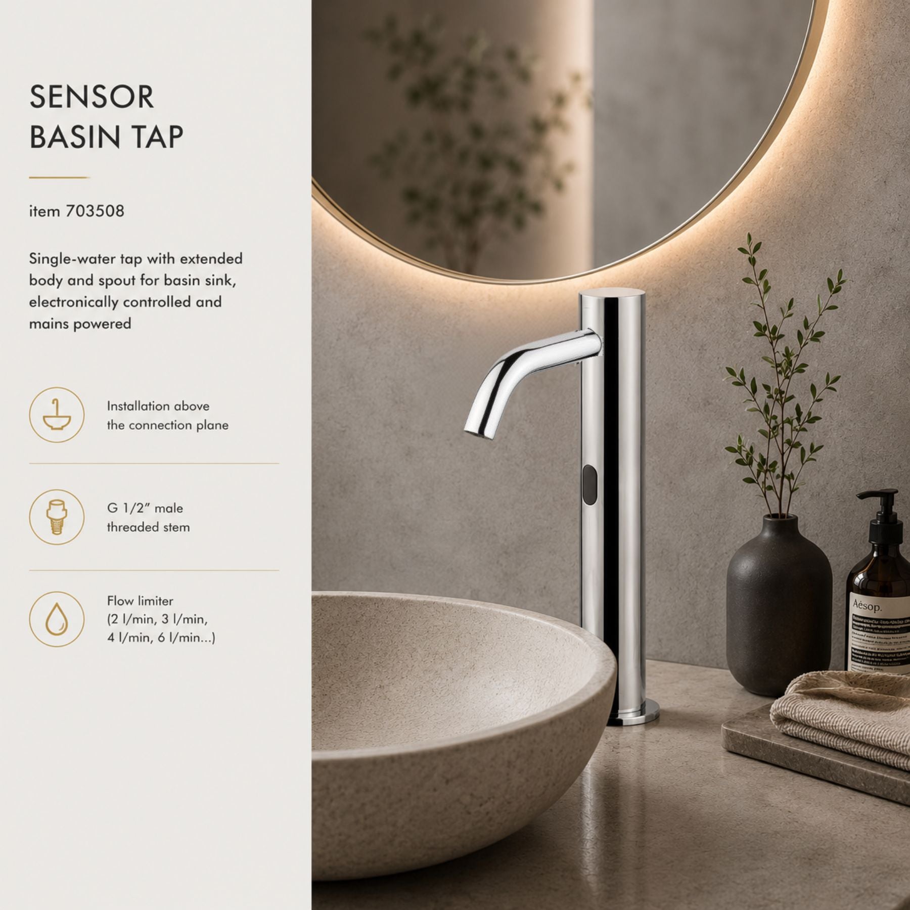 703508 electronic single-water basin tap with extended body and spout, mains-powered operation, G 1/2” threaded stem connection, and adjustable flow limiter for efficient water management.