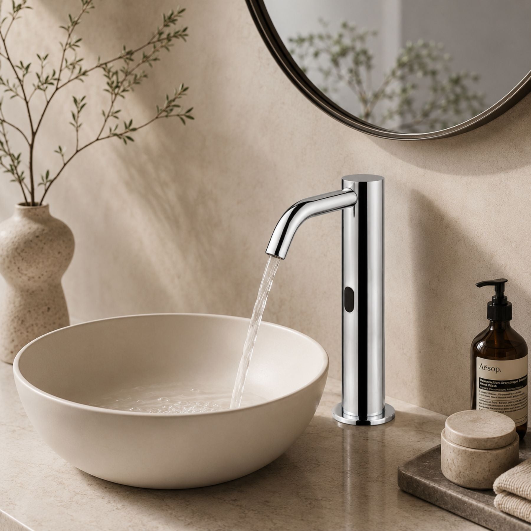 703508 electronic single-water basin tap with extended body and spout, mains-powered operation, G 1/2” threaded stem connection, and adjustable flow limiter for efficient water management.