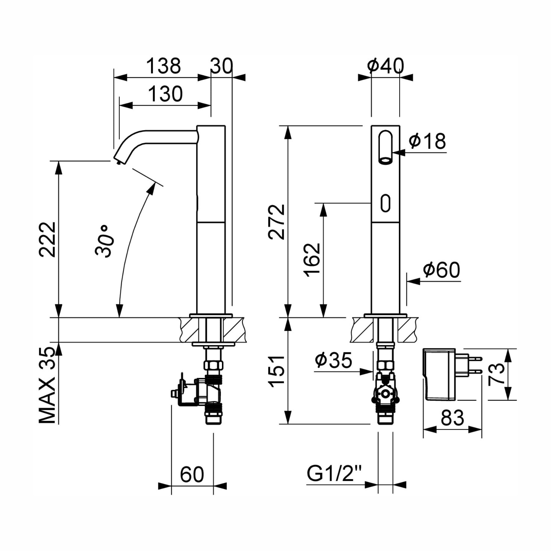 703508 electronic single-water basin tap with extended body and spout, mains-powered operation, G 1/2” threaded stem connection, and adjustable flow limiter for efficient water management.