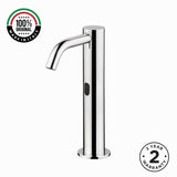 703508 electronic single-water basin tap with extended body and spout, mains-powered operation, G 1/2” threaded stem connection, and adjustable flow limiter for efficient water management.