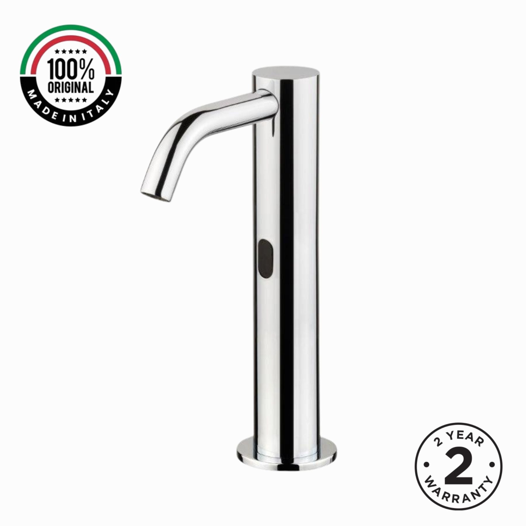 703509 electronic single-lever basin tap with extended body and spout, battery-powered operation, G 1/2” threaded connection, and adjustable flow limiter for efficient water control.