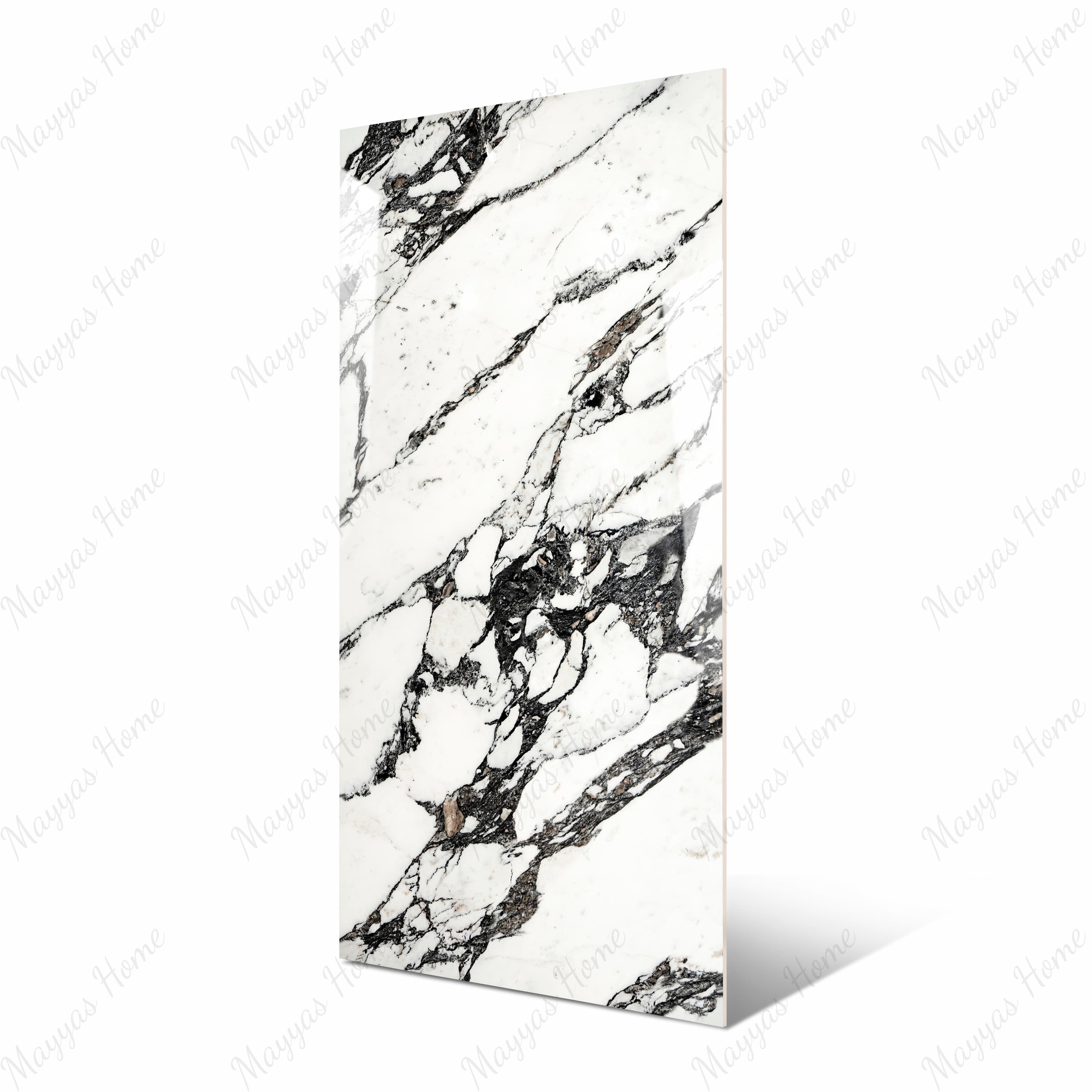 Impact Statuario large format porcelain slab angled view highlighting polished white marble finish, dramatic linear veining, and rectified edges