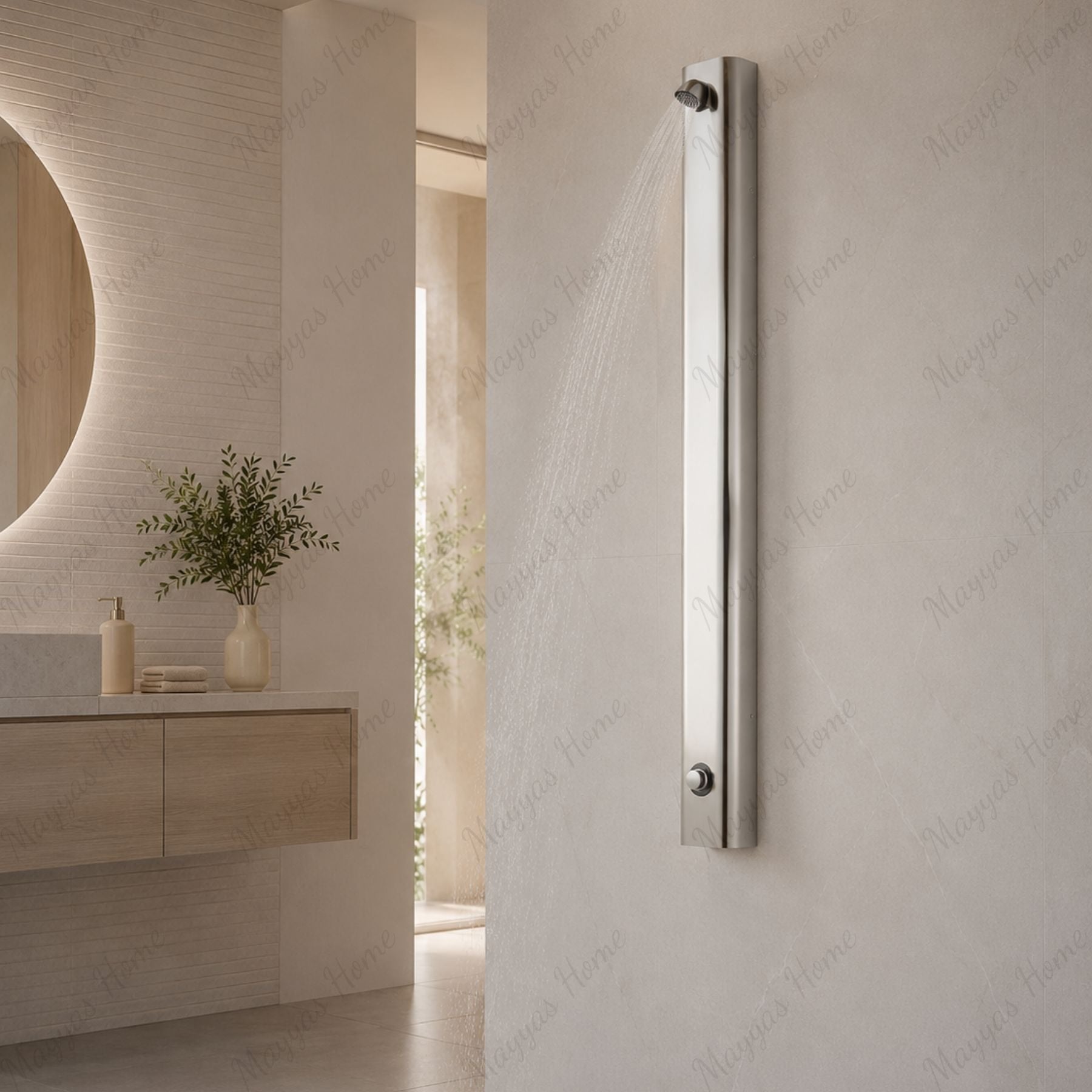AISI 304 stainless steel shower panel with 15–25 second push-button timed tap, anti-hanging shower head and anti-vandal design for commercial facilities in UAE.
