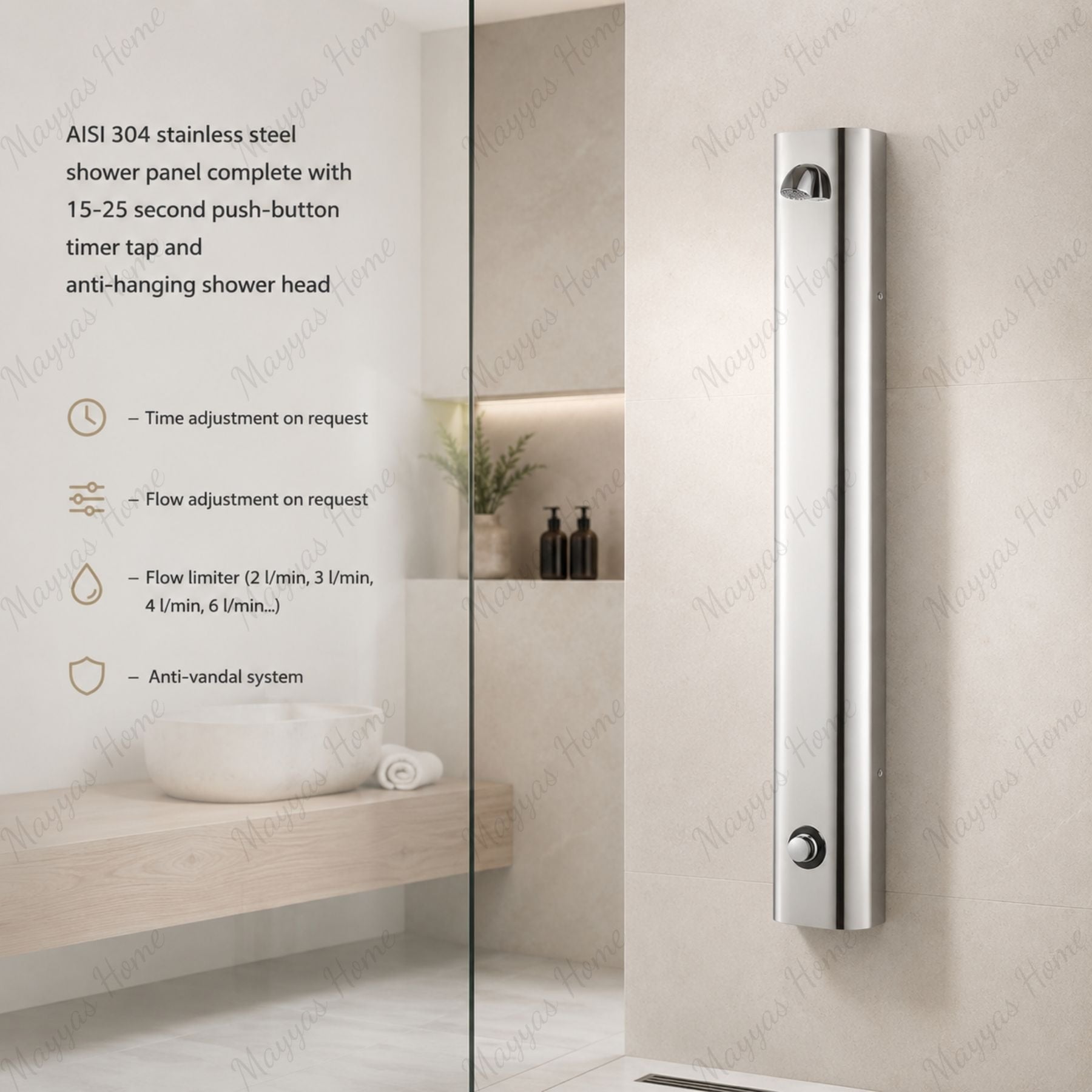 AISI 304 stainless steel shower panel with 15–25 second push-button timed tap, anti-hanging shower head and anti-vandal design for commercial facilities in UAE.