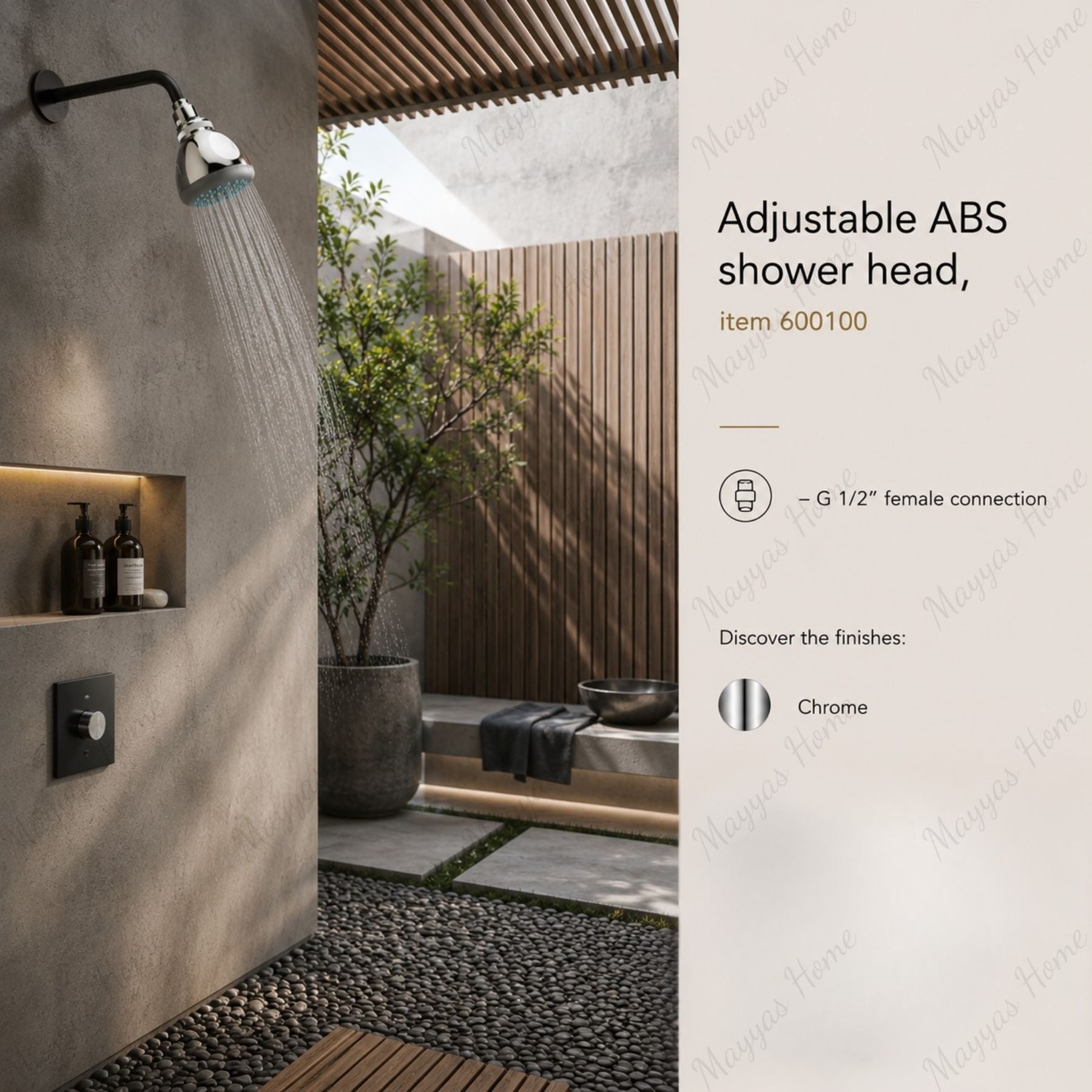Adjustable ABS shower head with G1/2 female connection and chrome finish. Ideal for residential, hotel, healthcare and commercial shower installations across UAE.