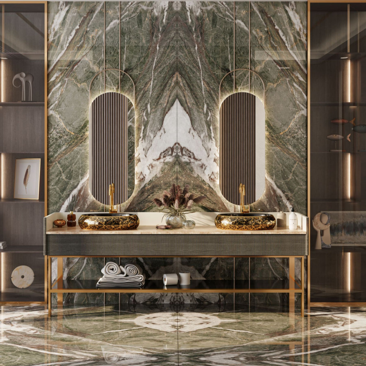 Alpine Green Bookmatch Royal Polish Colorbody porcelain slab 120x280cm, 9mm thick, with a rich green marble look for statement floors, walls and interiors.