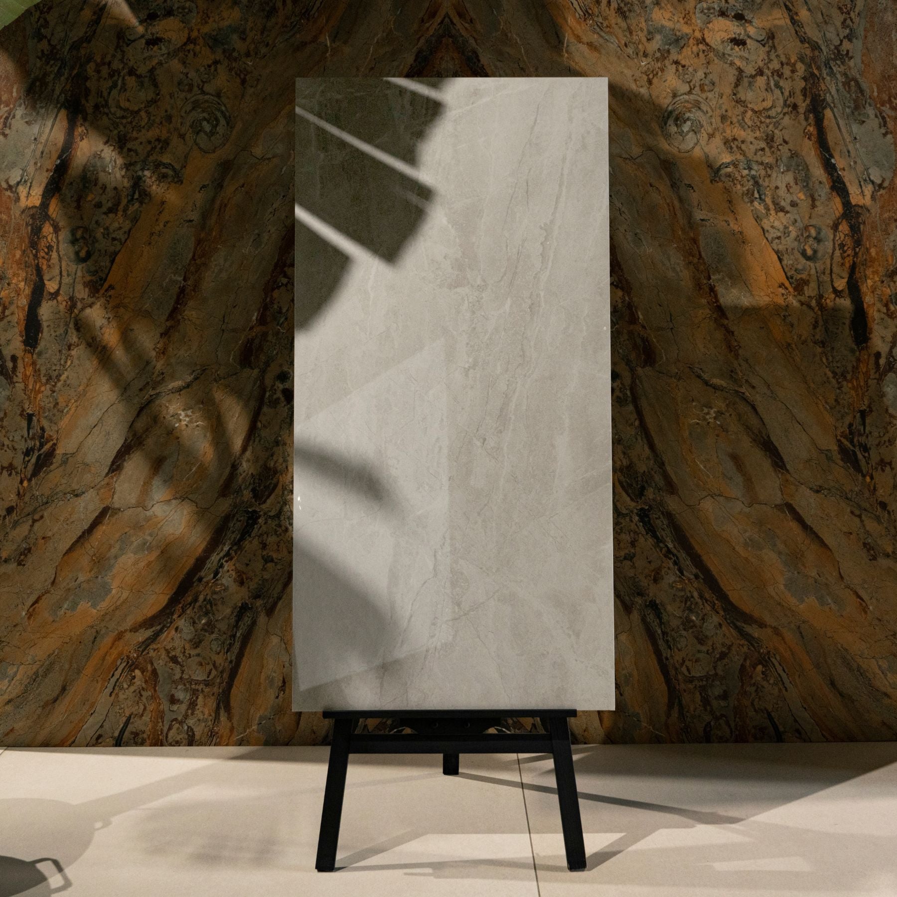 Androsh Grey glossy stone effect porcelain tile 60x120cm with 9mm thickness offers modern grey tones for elegant interiors.