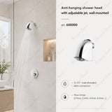 Anti-hanging shower head with adjustable jet, wall-mounted design, G1/2 male connection and flow limiter options. Ideal for secure and commercial facilities in UAE.