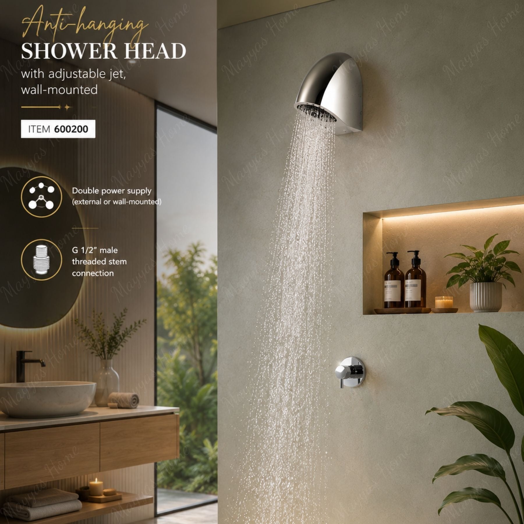 Anti-hanging shower head with adjustable jet, wall-mounted design and G1/2 male connection. Ideal for hospitals, secure facilities and public showers in UAE.