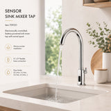 Battery-powered sensor mixer tap with swivel spout, chrome finish and water-saving flow control. Ideal for hygienic commercial and residential washrooms.