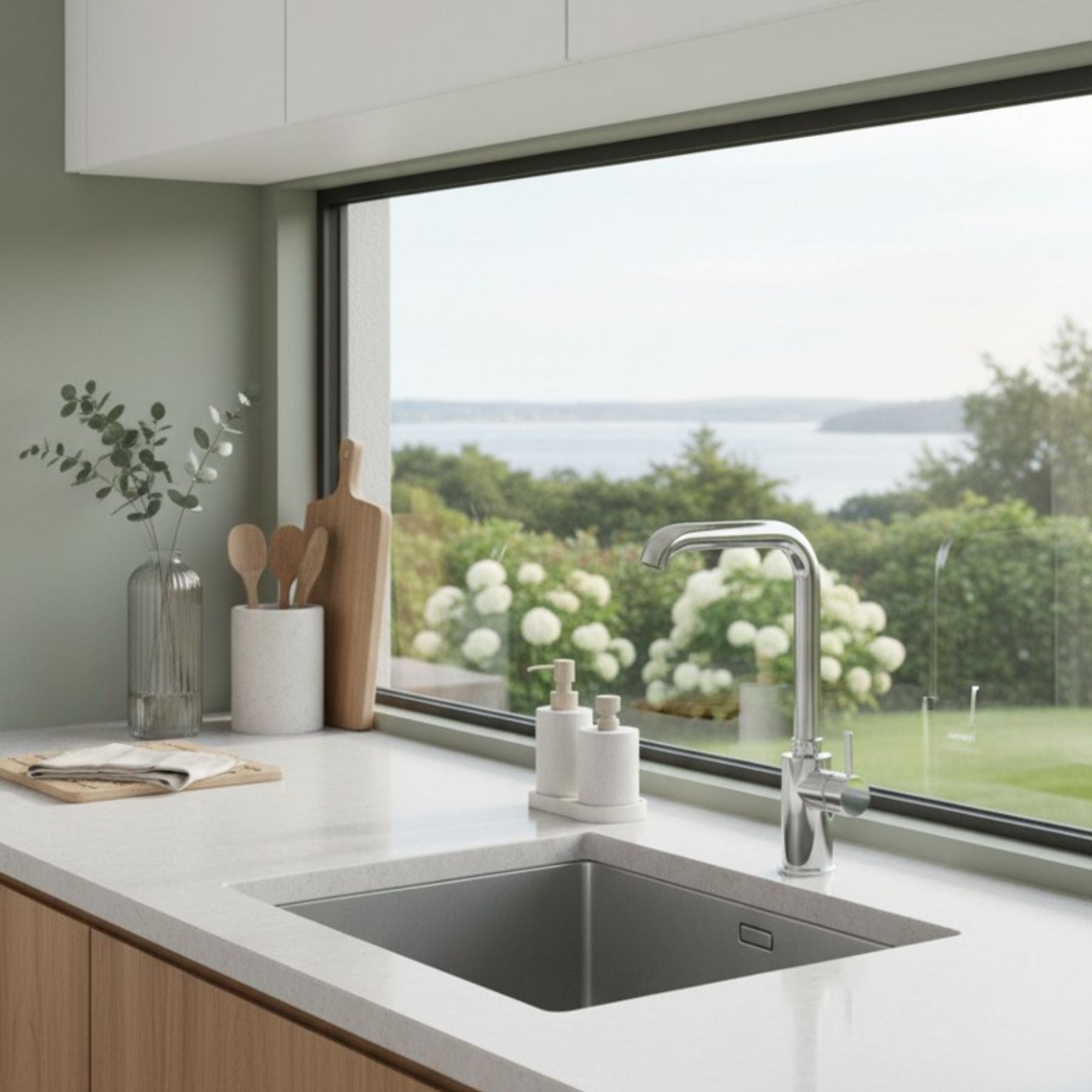 Battery-powered sensor sink mixer tap with swivel spout and designer finishes. Touchless, water-saving faucet for luxury UAE bathrooms and washrooms.