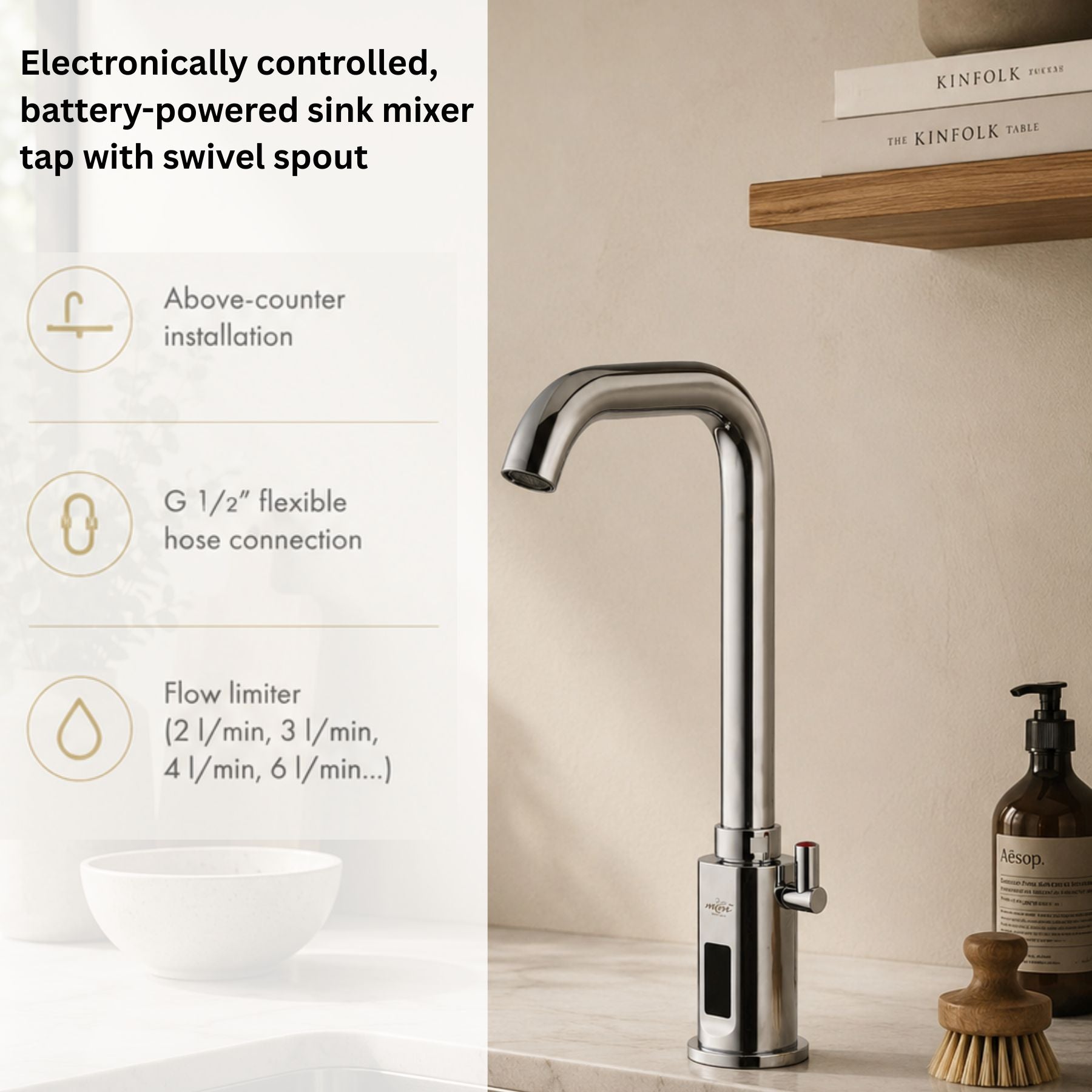 Battery-powered sensor sink mixer tap with swivel spout and designer finishes. Touchless, water-saving faucet for luxury UAE bathrooms and washrooms.