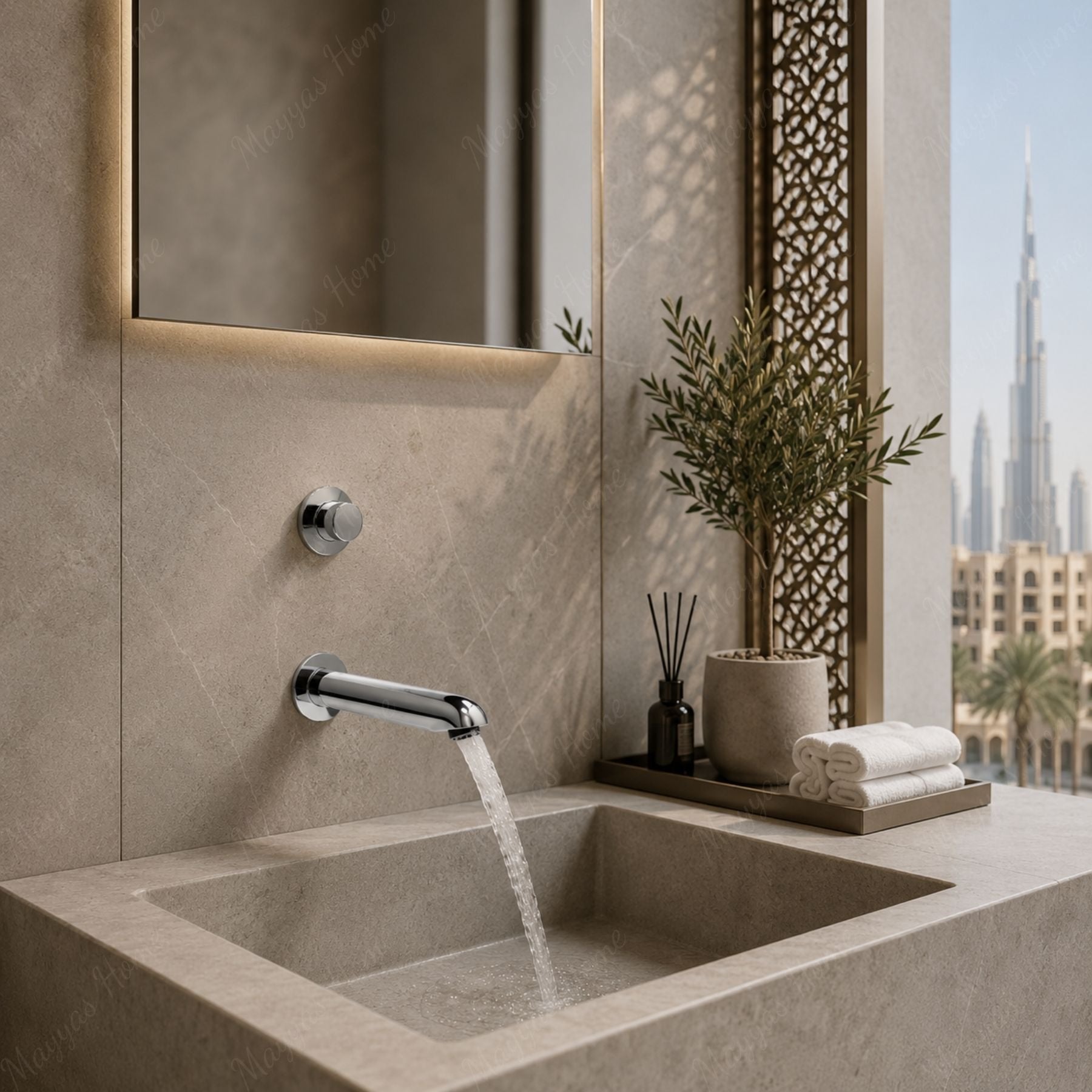 Built-in fixed washbasin spout with 4–6 second timed push-button control and G1/2 connection. Ideal for commercial, healthcare and public washrooms in UAE.