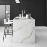 CALACUTTA EXTRA 120x278cm marble look tile in glossy finish with refined veining. A premium large format tile for elegant interiors.

