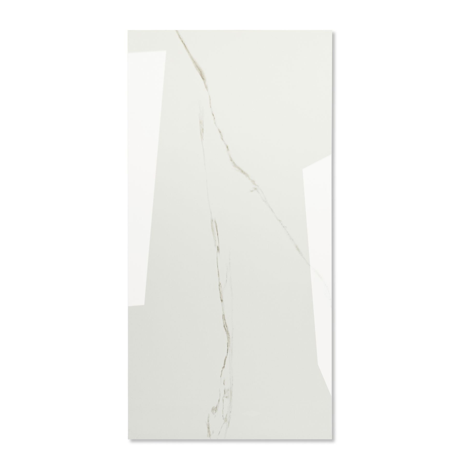 Calacatta Bianco glossy marble effect porcelain tile 60x120cm with 9mm thickness features bold veining and a refined polished finish for luxury spaces.