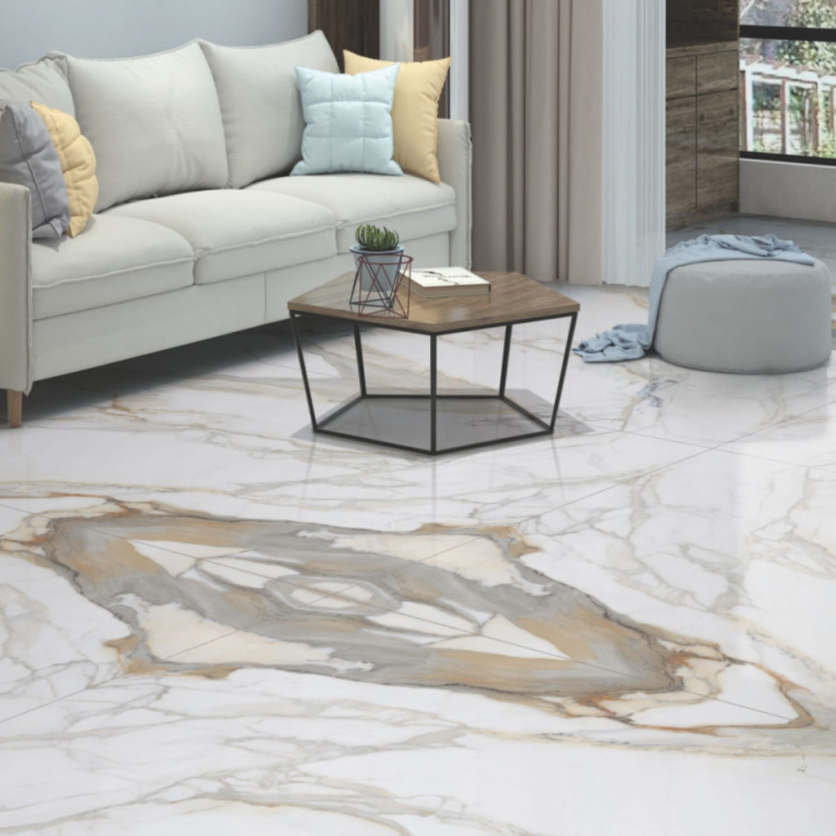 Calacatta Royal bookmatch porcelain slab in 120x280cm with 6mm thickness, featuring polished A & B patterns for luxury marble-look walls, floors and interiors.