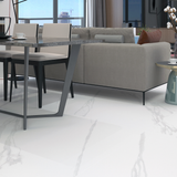 Calacatta White 120x120cm matt porcelain tile with bold grey veining. Elegant marble look, durable and stylish for luxury interiors.