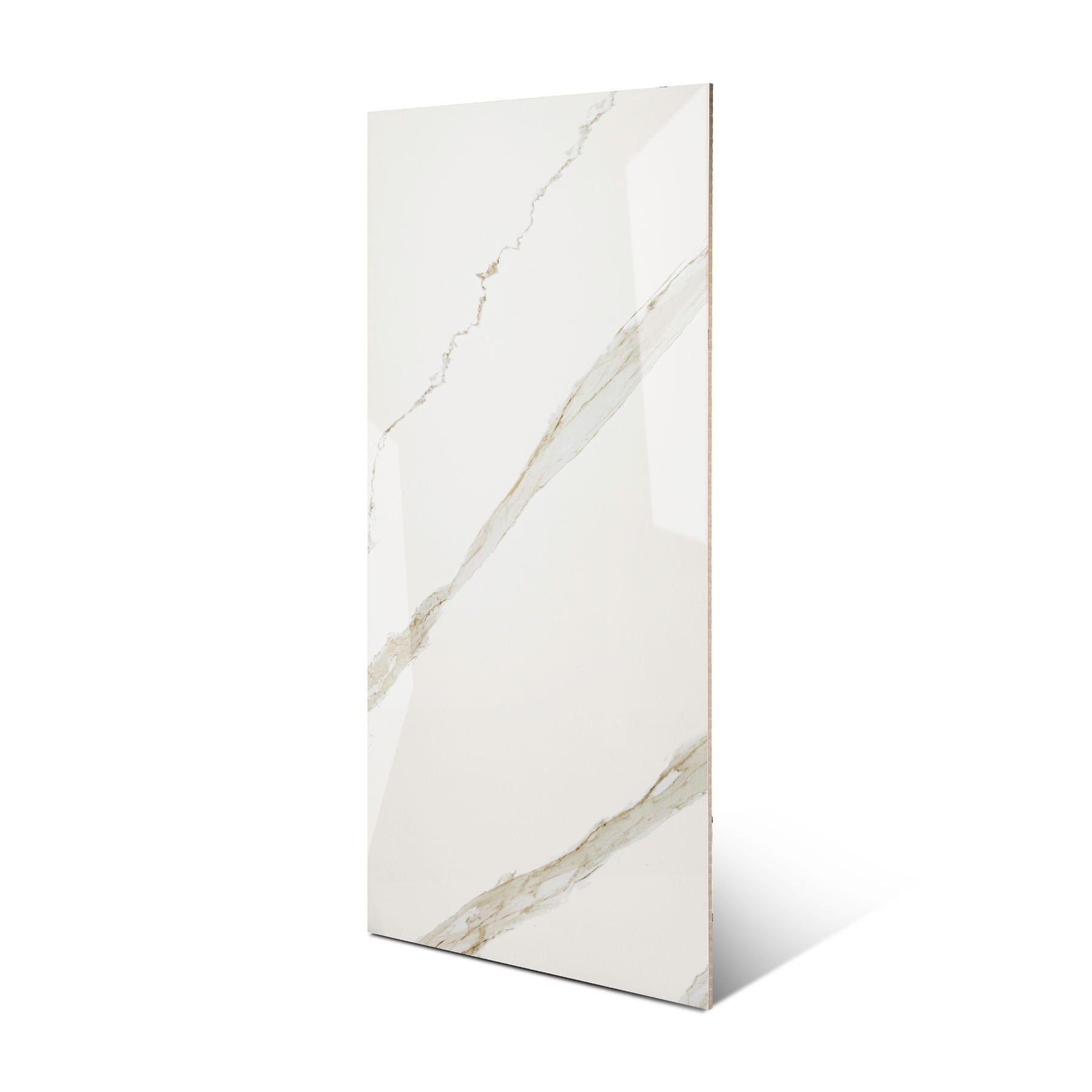 Calcatta Noir glossy marble effect porcelain tile 60x120cm with 9mm thickness features white base, bold black veining and polished finish.