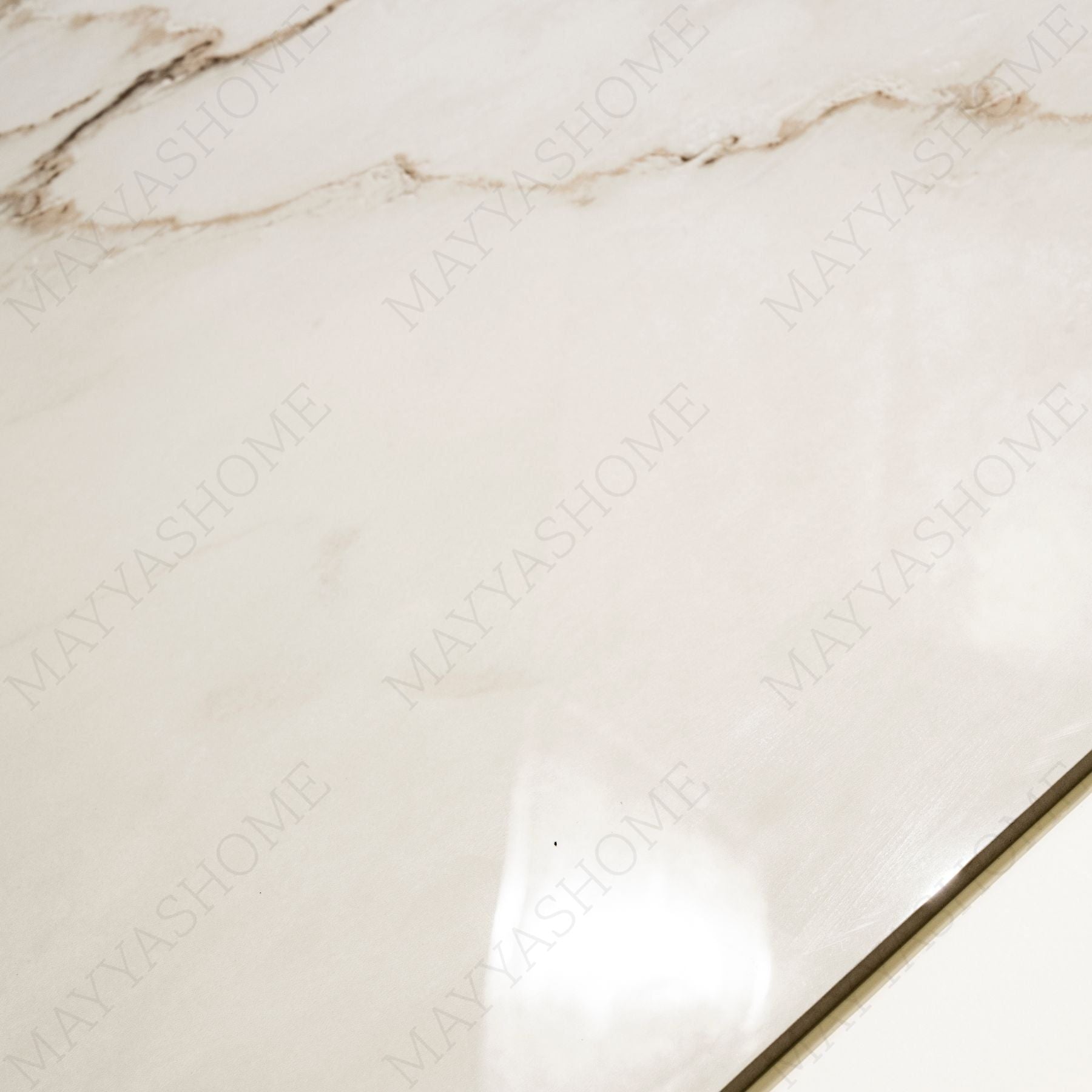 Calcutta Bianco Oro glossy marble porcelain tile 60x120cm with 9mm thickness features white base, gold and grey veining with polished finish.