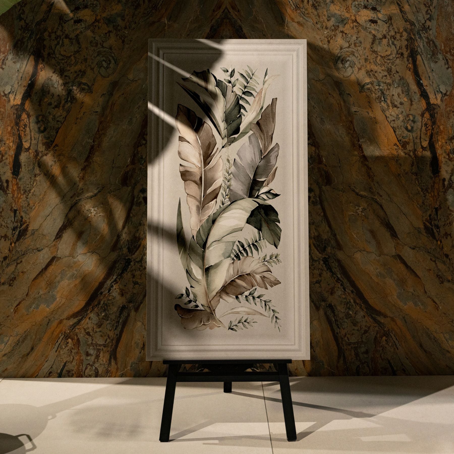 Canyon Dawn Frame Floral matt stone effect porcelain tile 60x120cm with 9mm thickness features warm tones and elegant floral detailing.