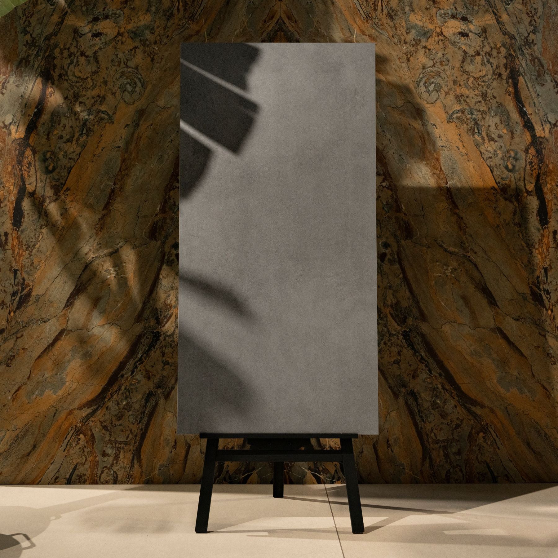 Cemento Nero porcelain tile in 60x120cm size with dark concrete look, deep charcoal tones and durable 9mm thickness for floors and walls.