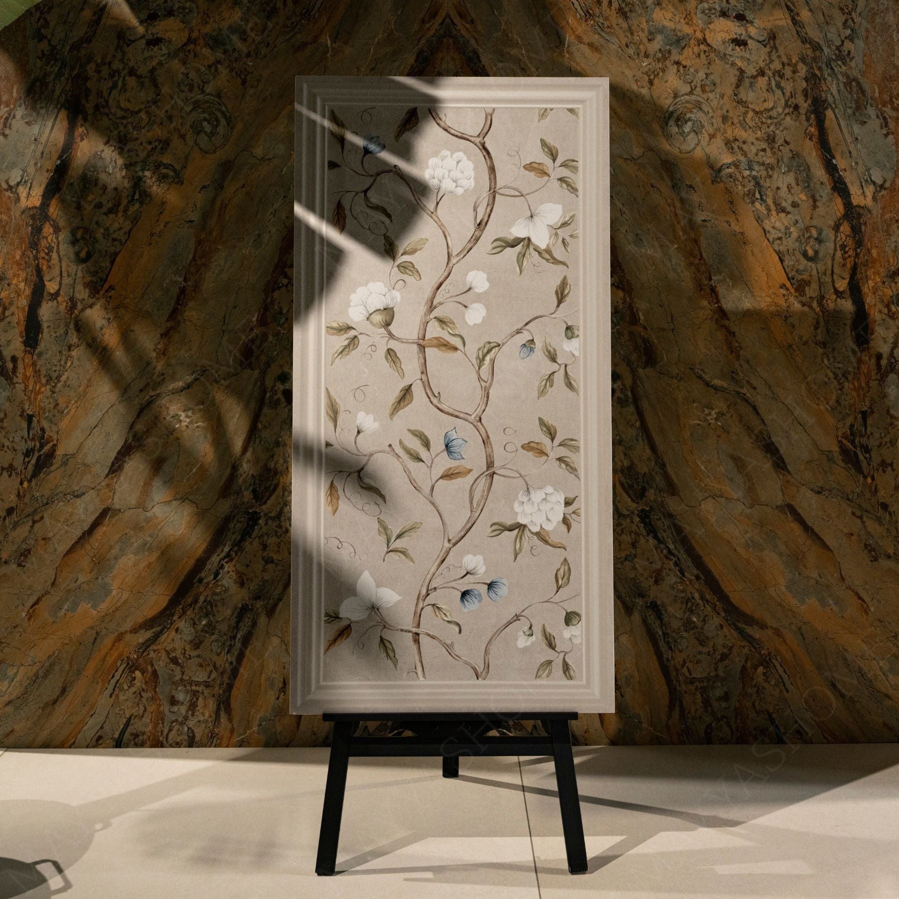 Crema Frame Blossom matt stone effect porcelain tile 60x120cm with 9mm thickness features soft beige tones and elegant floral detailing.